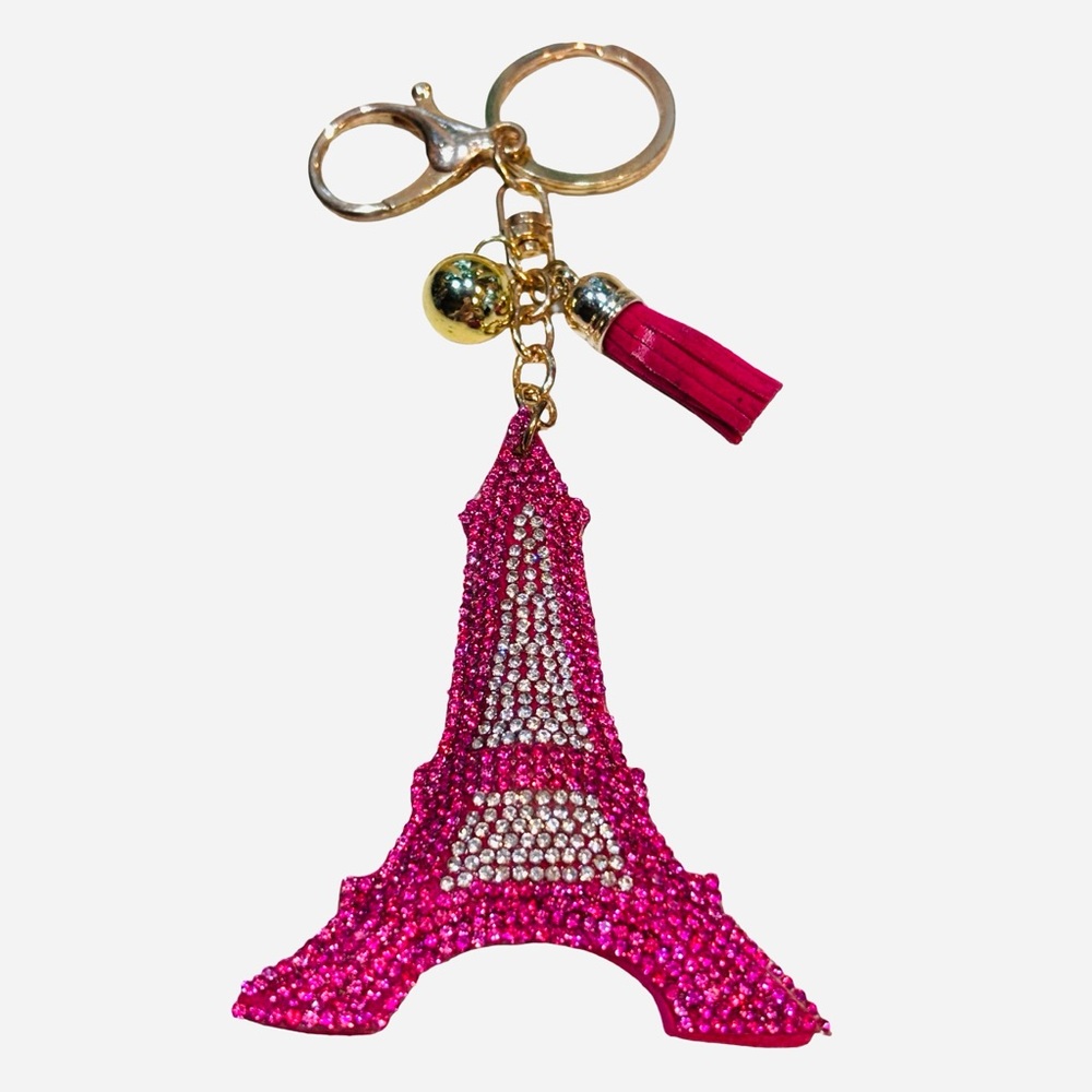 Pink Eiffel Tower Keychain or Handbag Charm‎ with Gold Accents